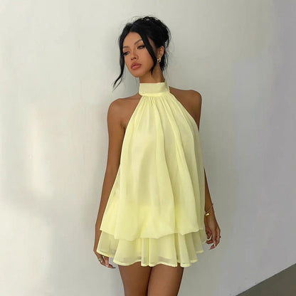 Vacation Figure Flattering Fashionable Sexy Backless Halter Lace Up Waist Trimming Solid Color Dress