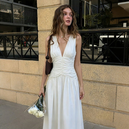 French Sexy V Neck Waist Cinching Pleated A Line Long Elegant Women Dress