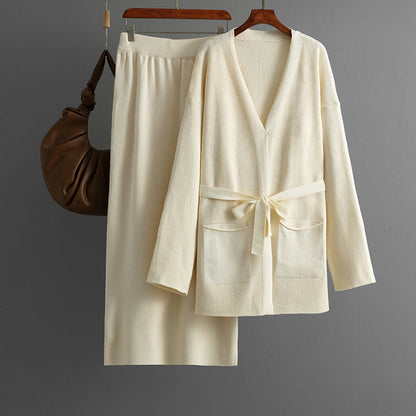 Women Autumn Winter V neck Loose Knitted Lace up Cardigan Skirt Two Piece Set