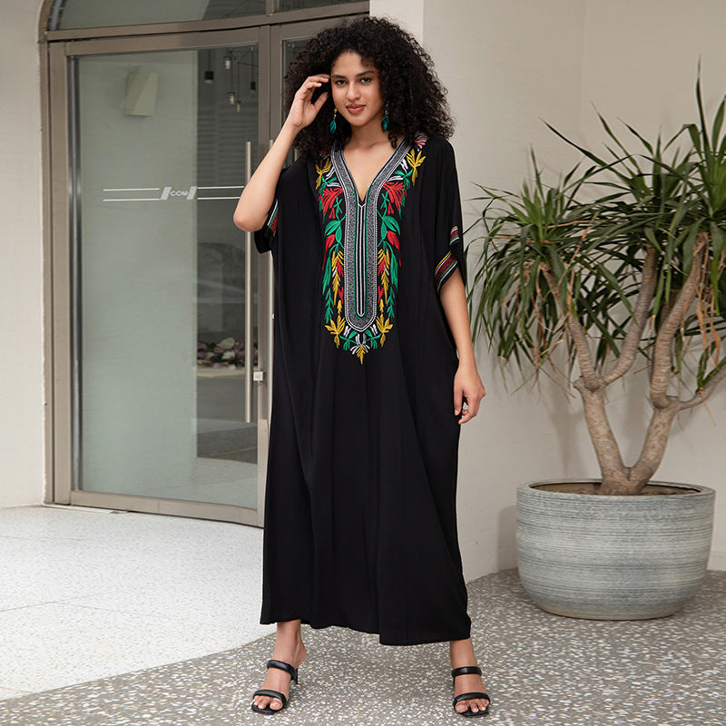 Cotton Embroidered Vacation Beach Blouse Maxi Dress Loose Robe Sun Protection Bikini Cover Up Blouse