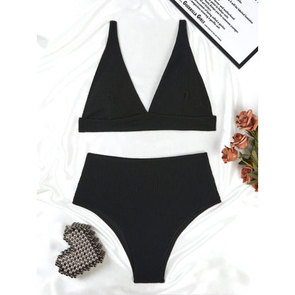 Solid Color High Waist Sunken Stripe Bikini Sexy Swimsuit Women Split Special Fabric Swimsuit