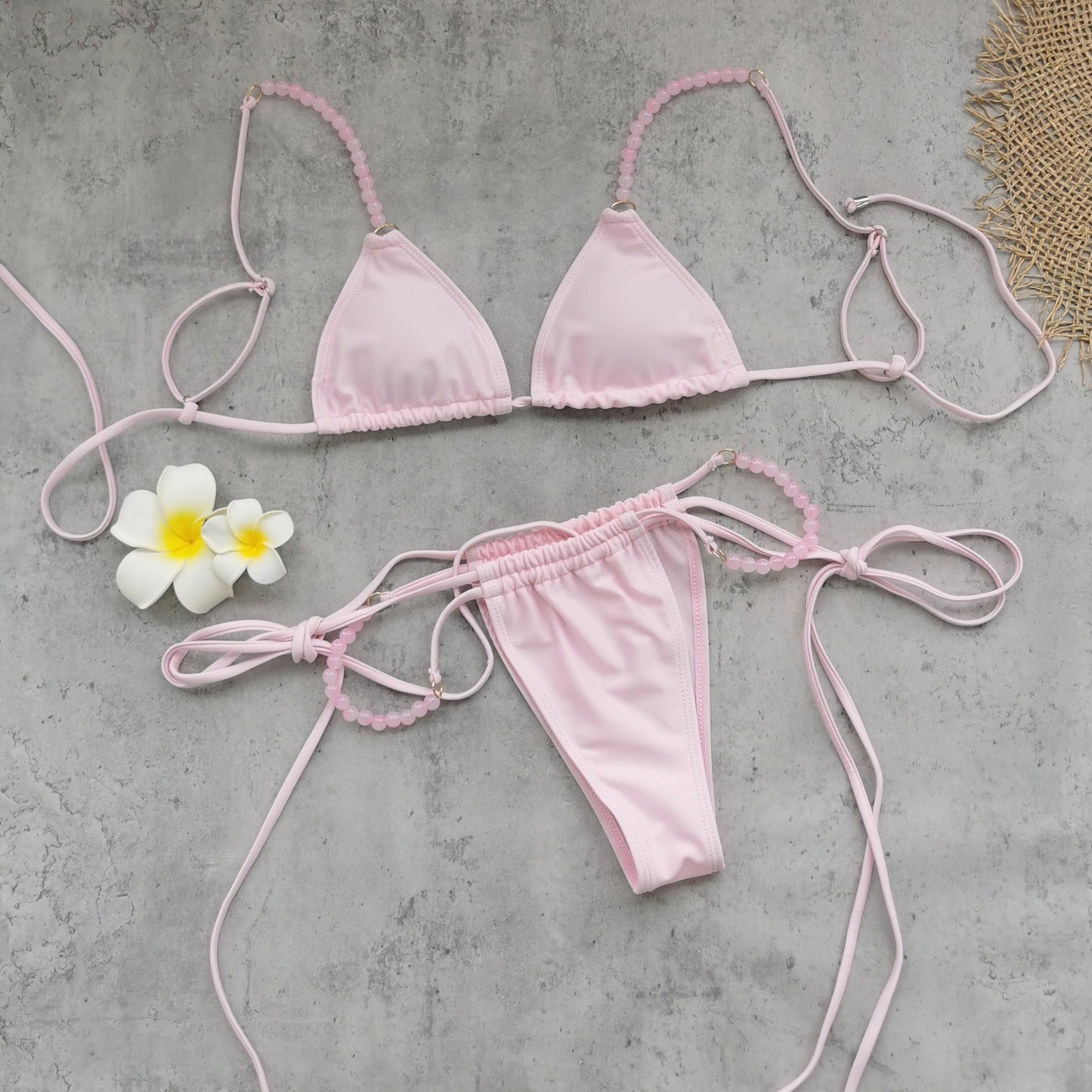 Fresh Solid Color Sexy Backless Split Swimsuit Women Lace up Low Waist Bikini