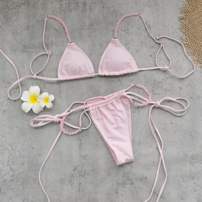 Fresh Solid Color Sexy Backless Split Swimsuit Women Lace up Low Waist Bikini