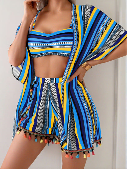 Sun Protective Blouse Sexy Tassel Bikini Four Piece Set Swimsuit Set