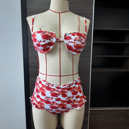 Printed High Waist Split Swimsuit Women Sexy Hard Cup Strap Ruffled Bikini