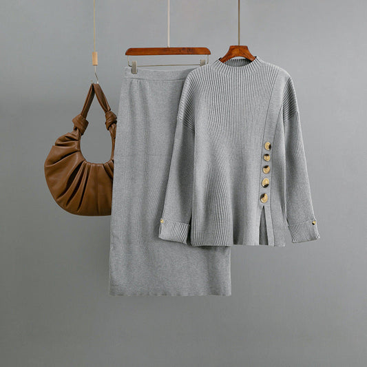 Women Autumn Winter Side Slit Fastener Decoration Sweater Skirt Two Piece Sets