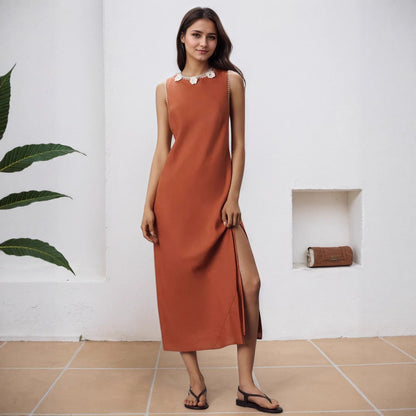 Spring Summer Sleeveless Slit Neckline Exquisite Floral Pearl Dress Women Dress