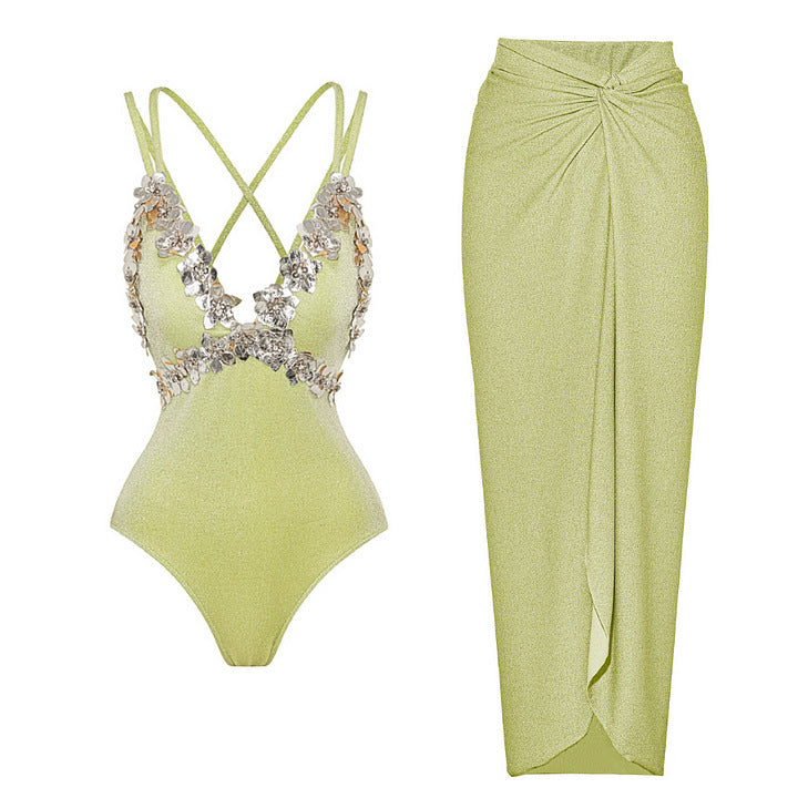 Swimsuit Green Thin Glittering Fabric Applique High Sense Swimsuit Women