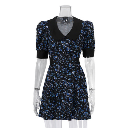 Summer Printed Short Temperamental Floral Dress Arrival Collared Short Sleeve High Waist A line Dress