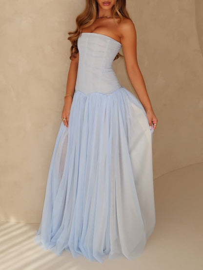 Light Blue Mesh Tube Top Maxi Dress Beach Vacations Summer Women Flowy Ethereal Light Luxury Gown Wedding Photos