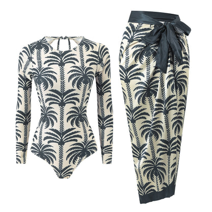 Model Bikinyamasun Coconut Print Long Sleeved Sun Protection Beach Two Piece Sets Conservative Swimsuit