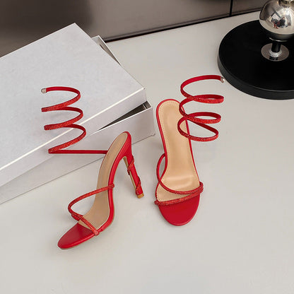Summer Snake Shaped Rhinestone High Heel Shoes Internet Celebrity Fairy Winding Stiletto Sandals Women