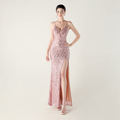 Bead Tube Sequin Spaghetti Strap High Slit Evening Dress Cross Tied Slim Fit Slimming Dinner Social Women