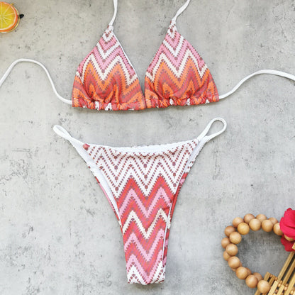 Striped Printed Sexy Backless Three Point Bikini Mesh Trousers Split Swimsuit Women