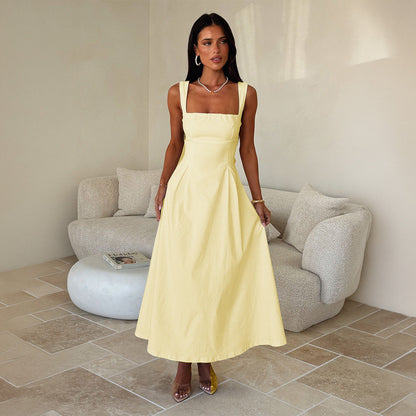 Office Vacation Waist Trimming Spaghetti Straps Dress Women Clothing Summer Independent