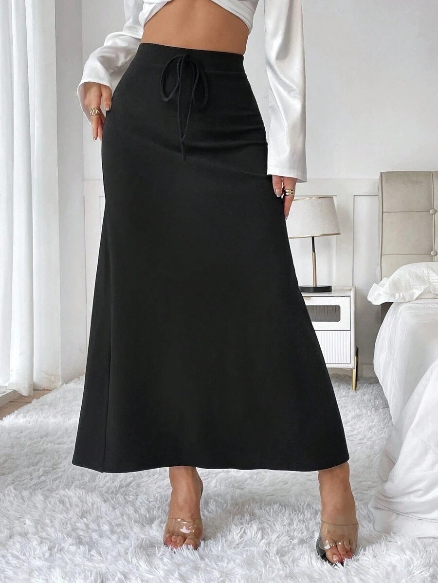 Women Clothing Popular Satin Satin Skirt Spring Autumn High Waist Lace up Long Skirt