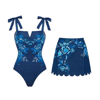 Swimsuit Blue Color Printed Vacation Swimsuit Women Skirt