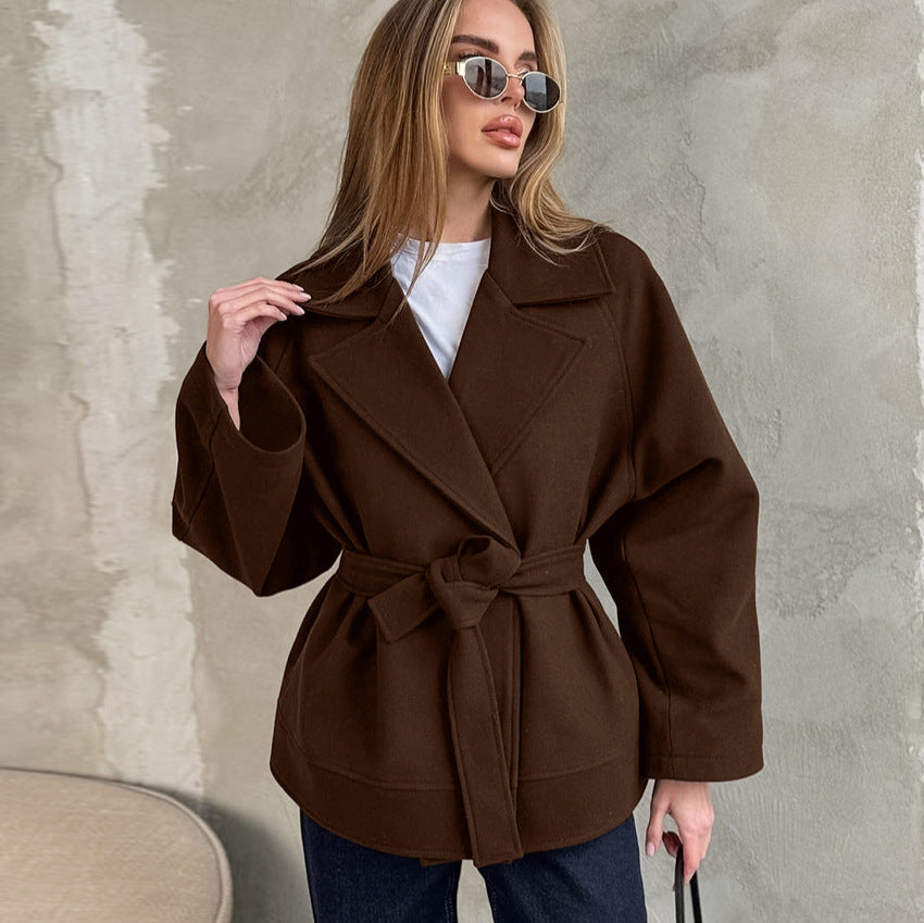 Autumn Winter Atmosphere Woolen Coat Women Waist Controlled Lace up All Matching Long Sleeve Woolen Cloth Overcoat
