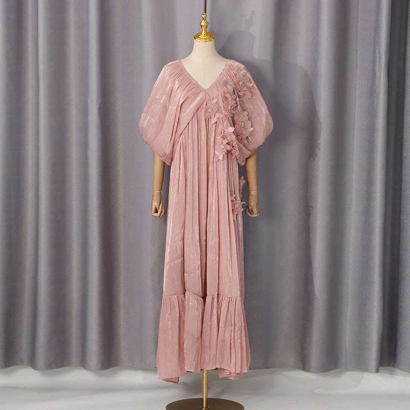 Romantic Vacation Maxi Dress Spring V neck Drop Shoulder Batwing Sleeve Stitching Three Dimensional Floral Dress