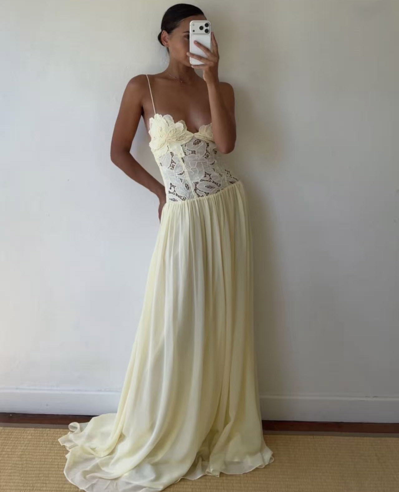 Spring Summer Three Dimensional Embroidered Hollow Out Cutout Swing Gathers Lace-up Elegant Dress