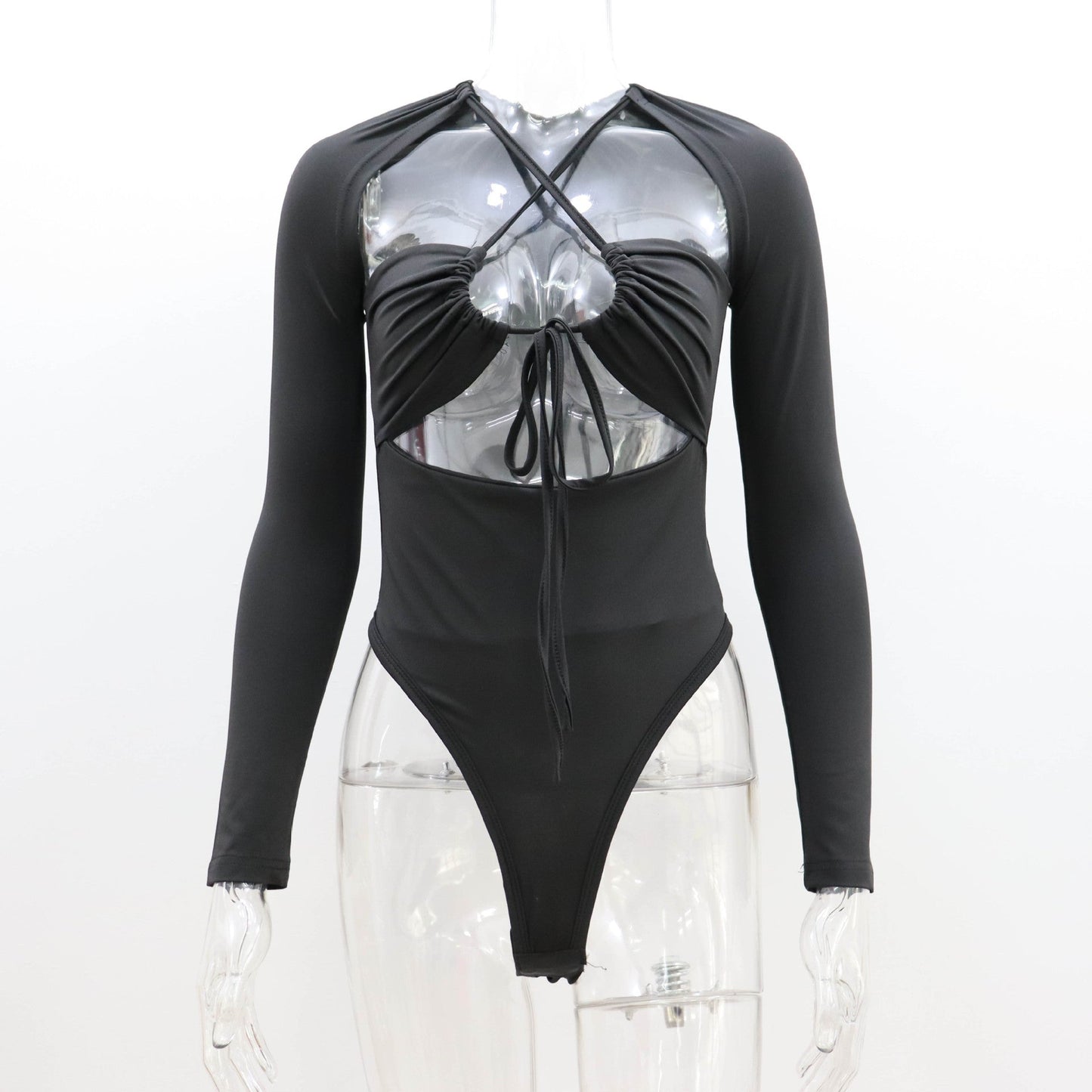Summer Women Sexy Sexy Hollow Out Cutout out Strap Slim Solid Color Long Sleeve Jumpsuit Women