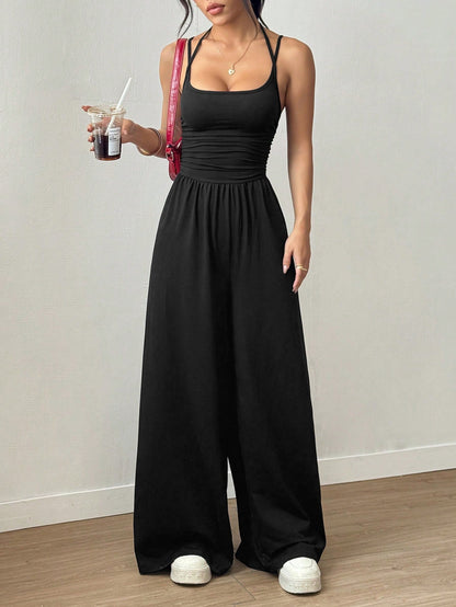 Suspender Women Casual Summer Wide Leg Loose Wrapped Chest Nipped Waist Jumpsuit