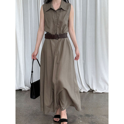 Cotton Linen Shirt Dress with Belt Summer Cinched Sleeveless Dress