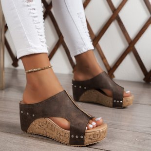 Wedge Sandals Popular Summer round Head Thick Bottom Roman Sandals Women plus Size Fish Mouth Sponge Cake Slipper