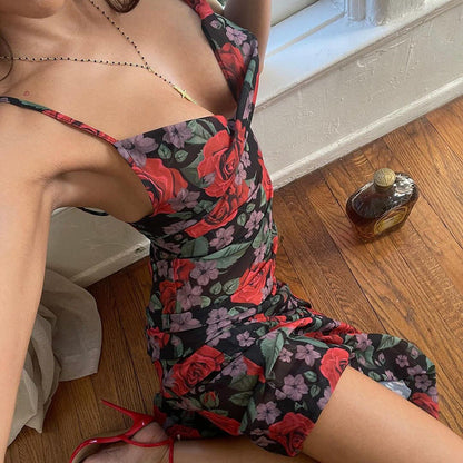 Spring Fashionable Sexy V neck Elegant All Match Slim Fit Long Printed Cami Dress for Women