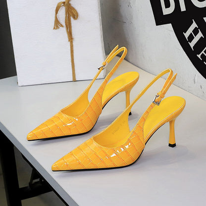 Pana Pattern Sexy Plaid Pointed Toe Shallow Mouth Ankle Strap Buckle Stiletto Heel Cocktail Women Shoes