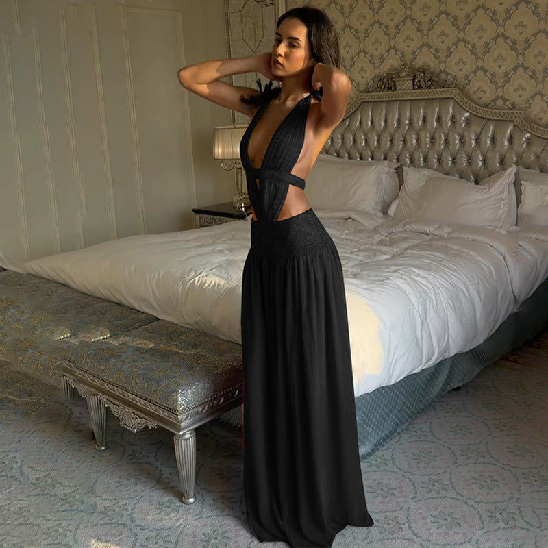 Large Swing Dress Summer Lace up Halterneck Backless Sexy Lace Patchwork Dress