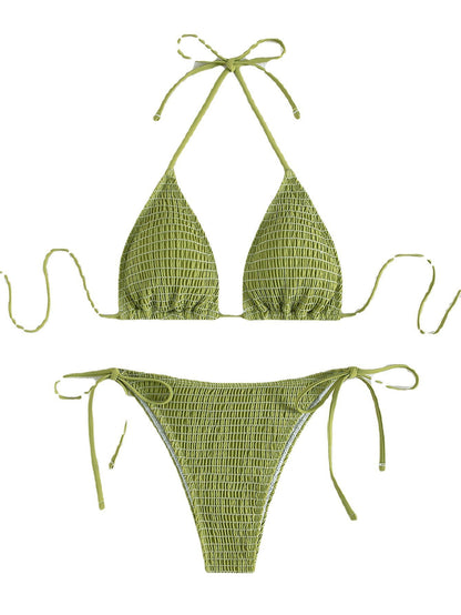 Printing Halter Spaghetti Straps Sexy Bikini Pleated Lace up Triangle Spring Split Swimsuit