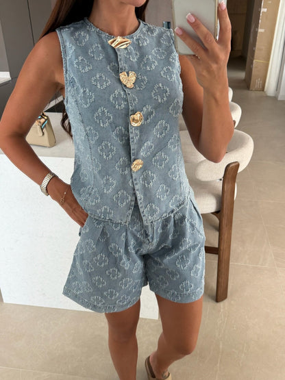 Summer Loose Sleeveless Denim Shorts Set Casual High Waist Two Piece Set