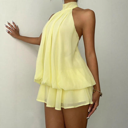 Vacation Figure Flattering Fashionable Sexy Backless Halter Lace Up Waist Trimming Solid Color Dress