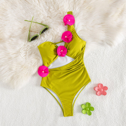 Solid Color One Piece Swimsuit Women One Shoulder Tube Top Hollow Out Cutout out Skirt Hip Wrapped Short Skirt Two Piece Sets