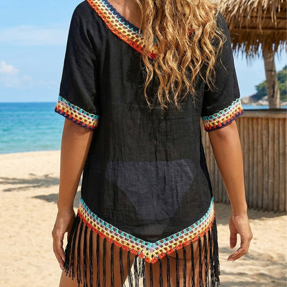 Women Clothing Spring Summer Top Stitching Tassel Beach Sun Protection Clothing Simple All Match Beach Anti Blouse