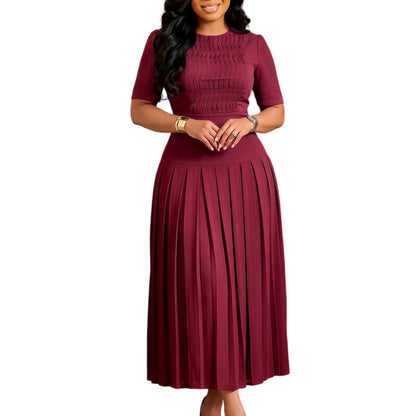 Women Clothing Pleated round Neck Stitching Pleated Dress