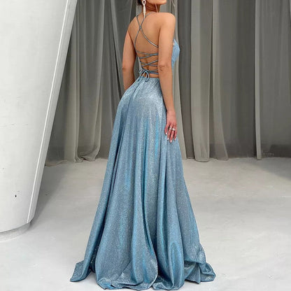 Women Sling Backless Sexy Slit Glitter Party Cocktail Evening Dress