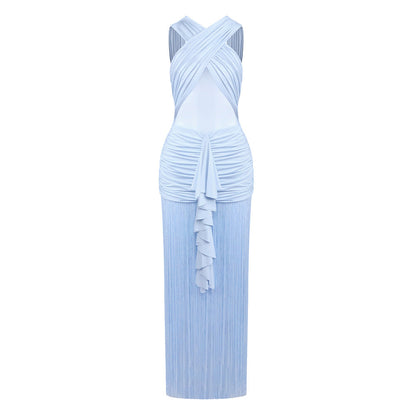 Women Clothing Sexy Solid Color Sling See through Mesh Pleats Cross Dress Vacation