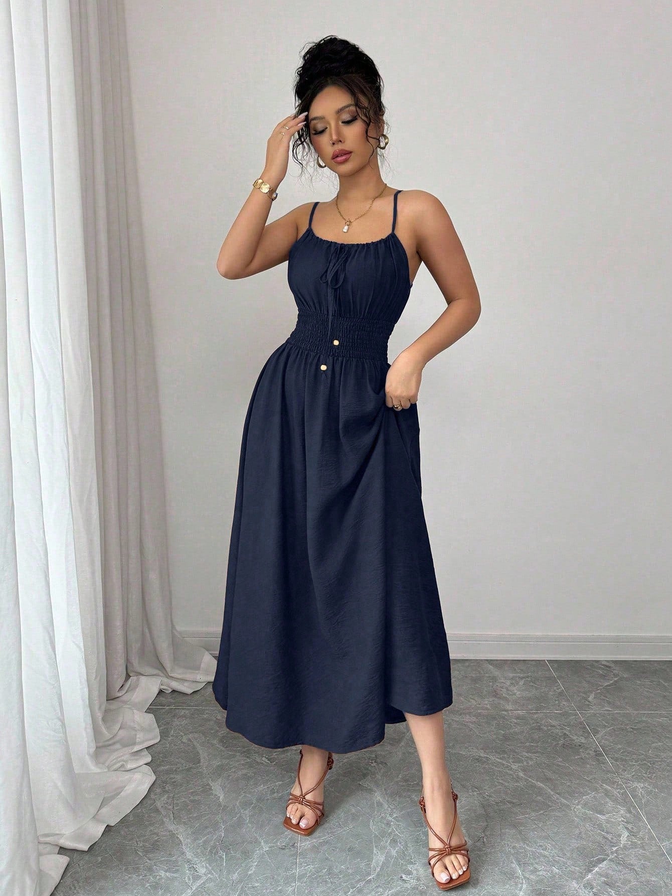 Design Tube Top Sleeveless Pleated Waist Solid Color Suspender Women Dress