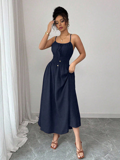 Design Tube Top Sleeveless Pleated Waist Solid Color Suspender Women Dress
