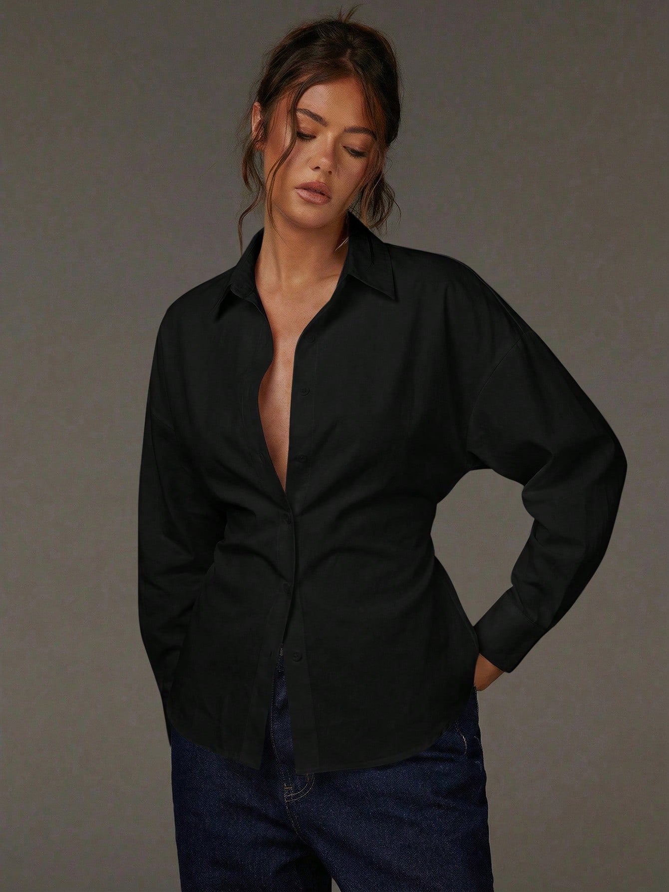 French Fitted Waist Turn down Collar V neck Cardigan off Shoulder Loose Long Sleeve Shirt
