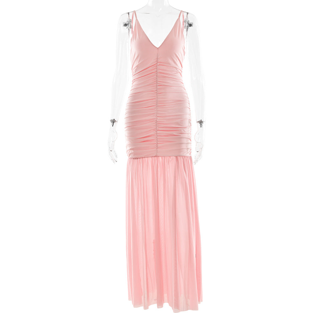 Elegant Straps Tulle Dress Sexy Deep V Plunge Pleated Stitched Backless Maxi Dress