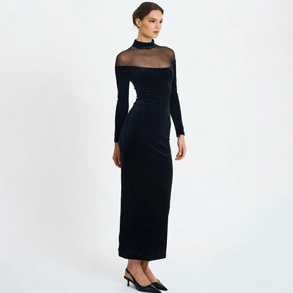 Autumn Winter Wear Voile See through Stitching Dress Sexy Tight Solid Color Dress