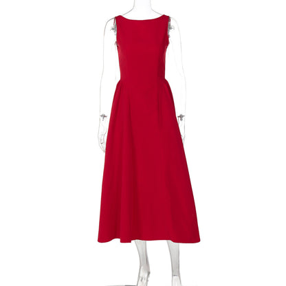 Women Clothing Summer Solid Color Sleeveless Waist Slim Backless Dress