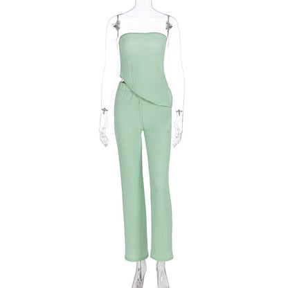 Summer Women Clothing Sexy off the Shoulder Tube Top Beveled Top Slim Trousers Two Piece Sets