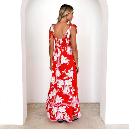 Small Floral Wave Strap Halter A line Dress Women