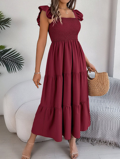 Summer Solid Color Square Collar Wooden Ear Waist A line Dress Women Clothing