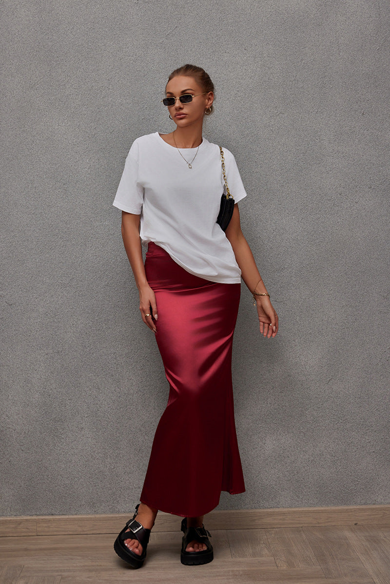 Spring Summer Artificial Silk Skirt Satin Skirt Women Casual Satin Hip Skirt