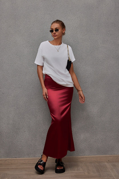 Spring Summer Artificial Silk Skirt Satin Skirt Women Casual Satin Hip Skirt